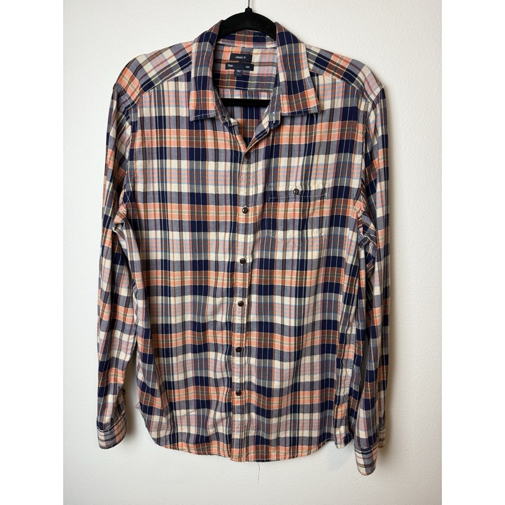 GAP Sz L Fit Classic Button Down Long Sleeve Orange Plaid Preppy